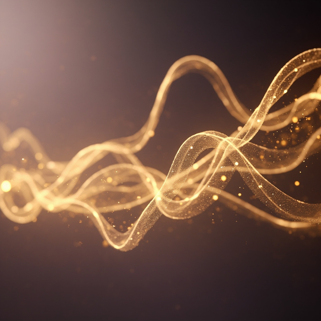 A serene, abstract visualization of flowing, golden light ribbons representing hormonal pathways in the human body, set against a soft, calming background.