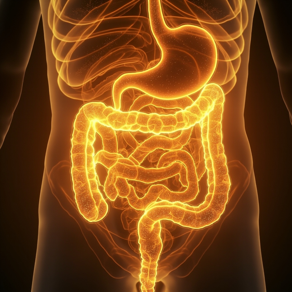 A serene, abstract visualization of glowing golden energy pathways flowing through the human digestive area, representing balance and clarity.