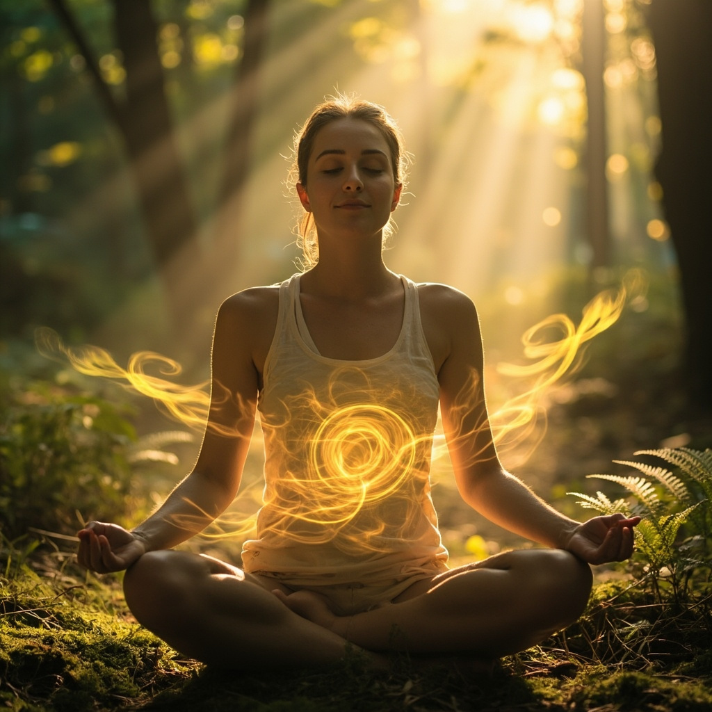 A serene, high-quality image of a person sitting in a calm, natural environment, with a subtle, abstract visualization of glowing, harmonious energy patterns around the abdominal area, representing internal balance.