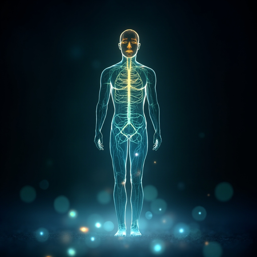 A serene, abstract visualization showing glowing, harmonious light waves flowing through a human silhouette, representing the balance of the nervous system.