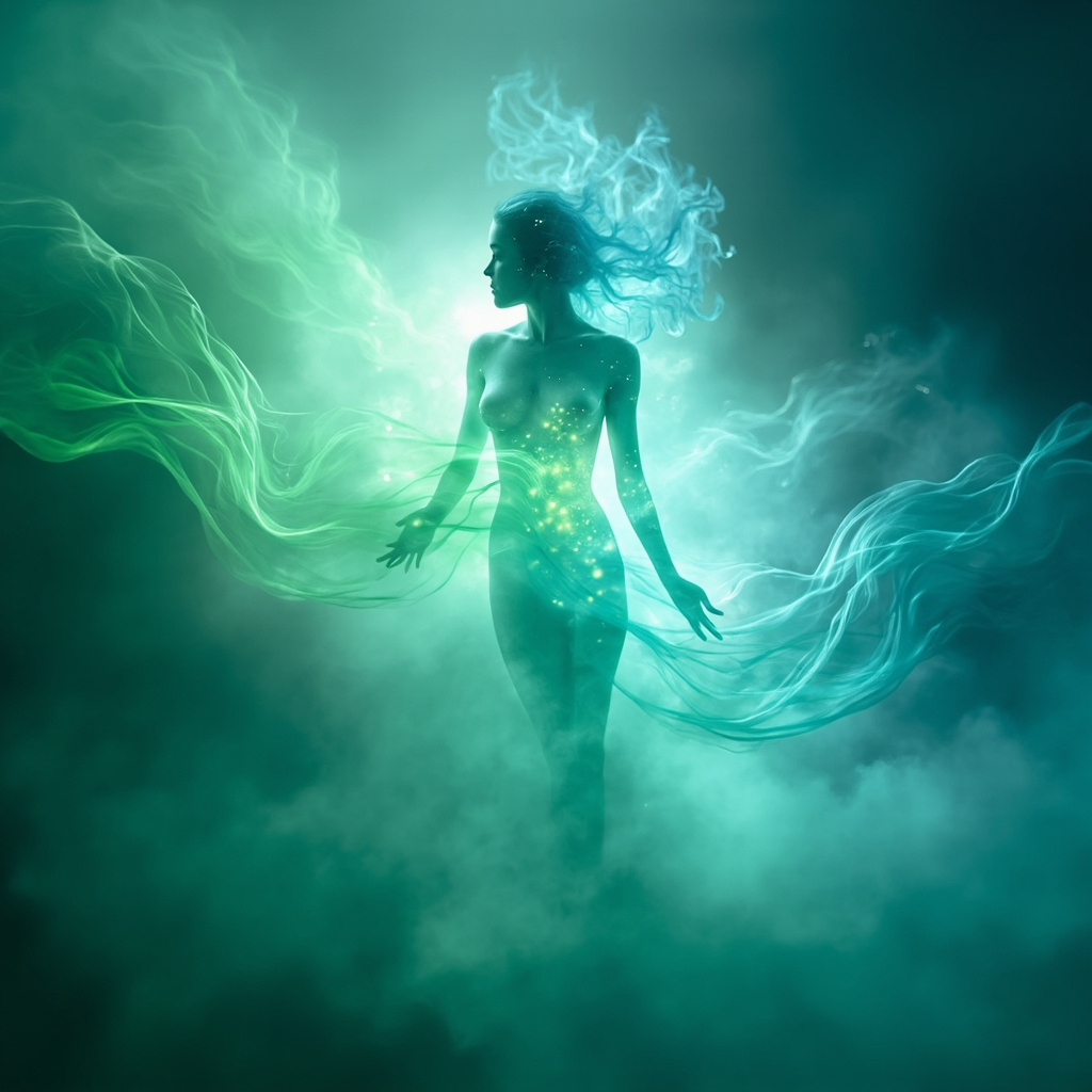 A serene, abstract visualization of light waves harmonizing with the silhouette of a human body, representing the balance of liver vitality and inner calm, soft color palette of greens and soothing blues.
