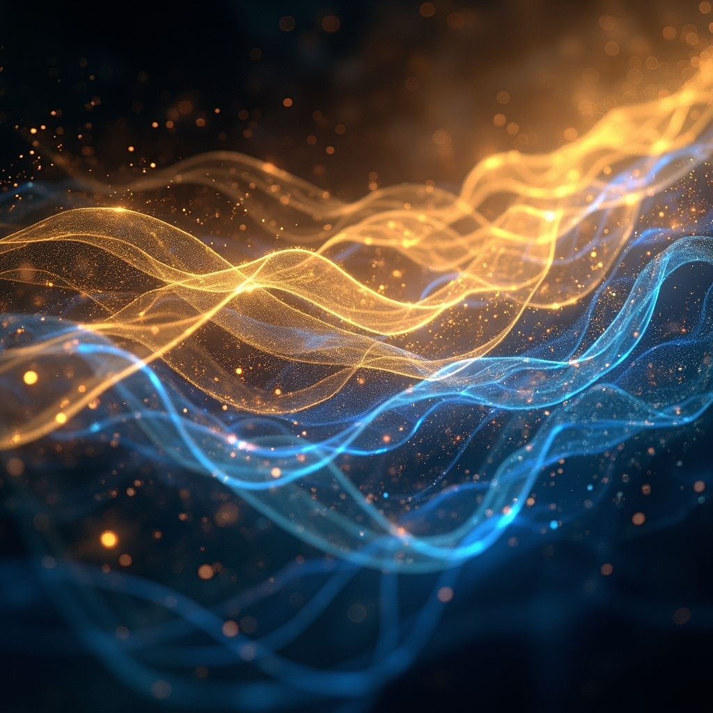 A serene, abstract visualization of glowing golden and blue light waves oscillating in harmony, representing electrical balance and hormonal flow within the human body.