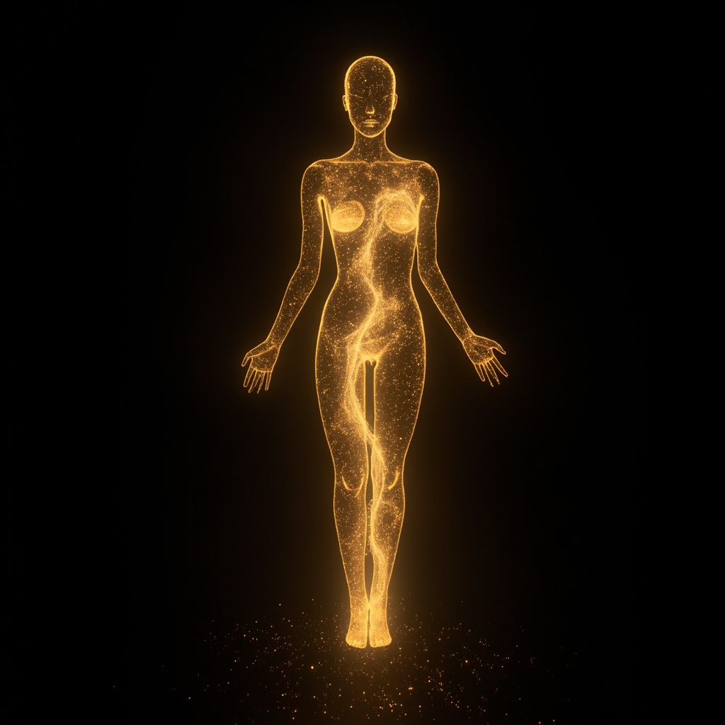 A serene, abstract visualization of glowing golden light particles flowing through a human silhouette, representing energy and cellular balance.