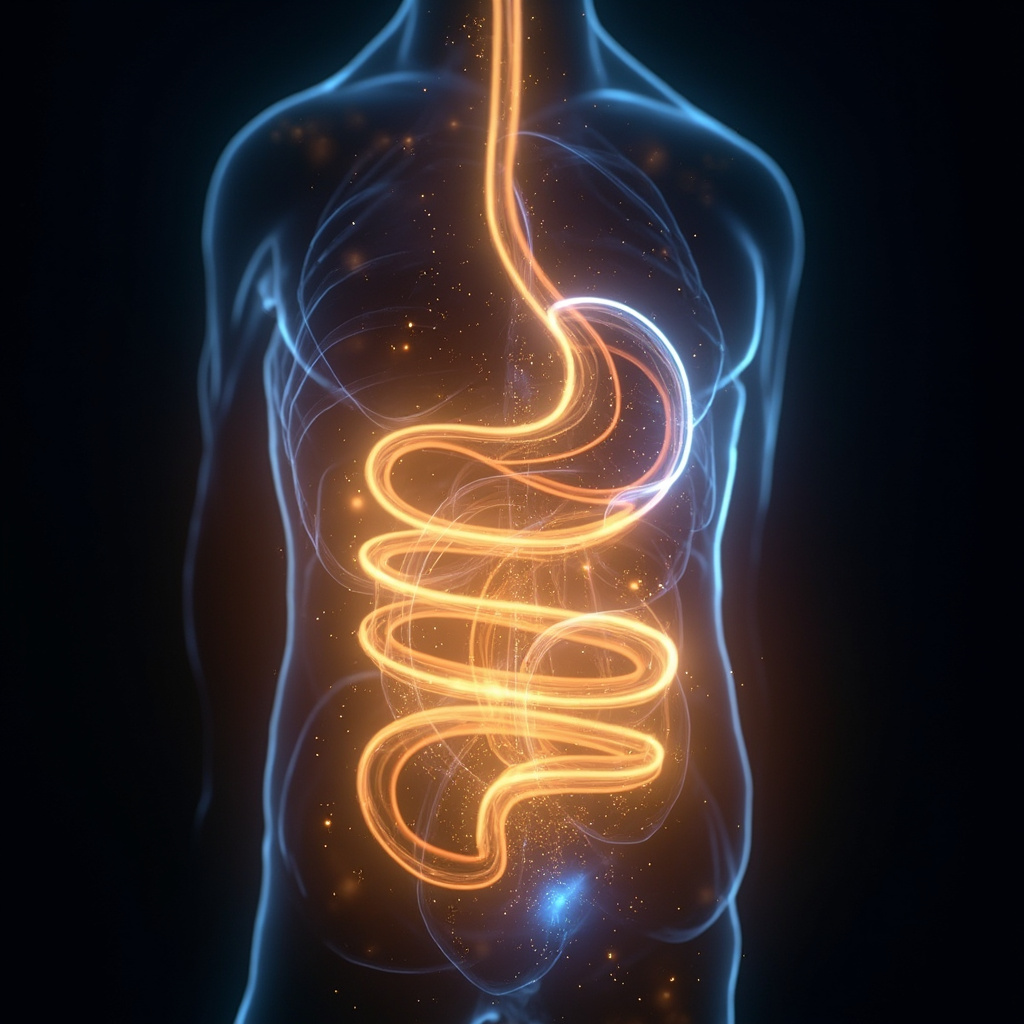A serene, abstract visualization of a glowing energy flow moving through the human digestive area, soft golden and blue light, cinematic lighting, high resolution.