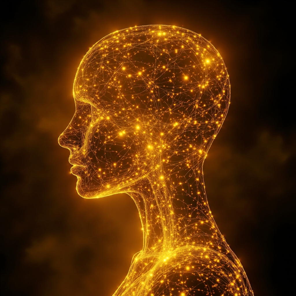 A serene, abstract visualization of glowing neural pathways in the human body, blending organic golden light with modern digital frequency waves, high resolution, cinematic lighting.
