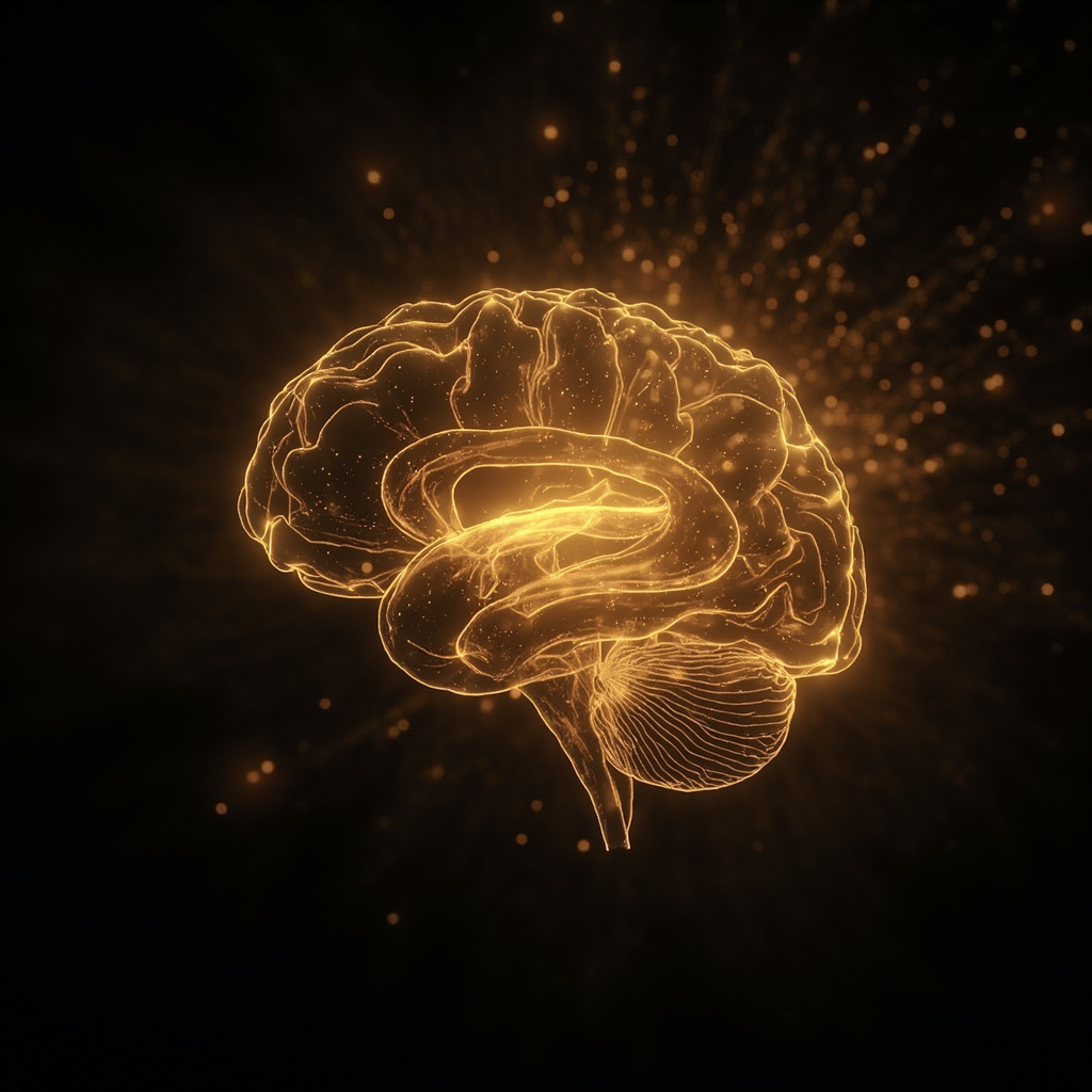 A serene, abstract visualization of neural pathways glowing with soft, golden light, centered around the base of the brain, symbolizing balance and inner connection.