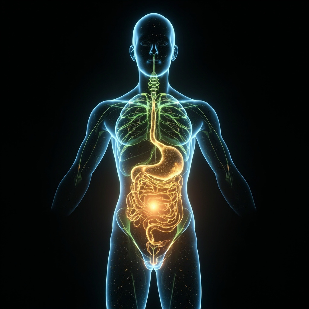 A serene, abstract visualization of glowing, harmonious energy patterns flowing through the human body, symbolizing gut health and balance.