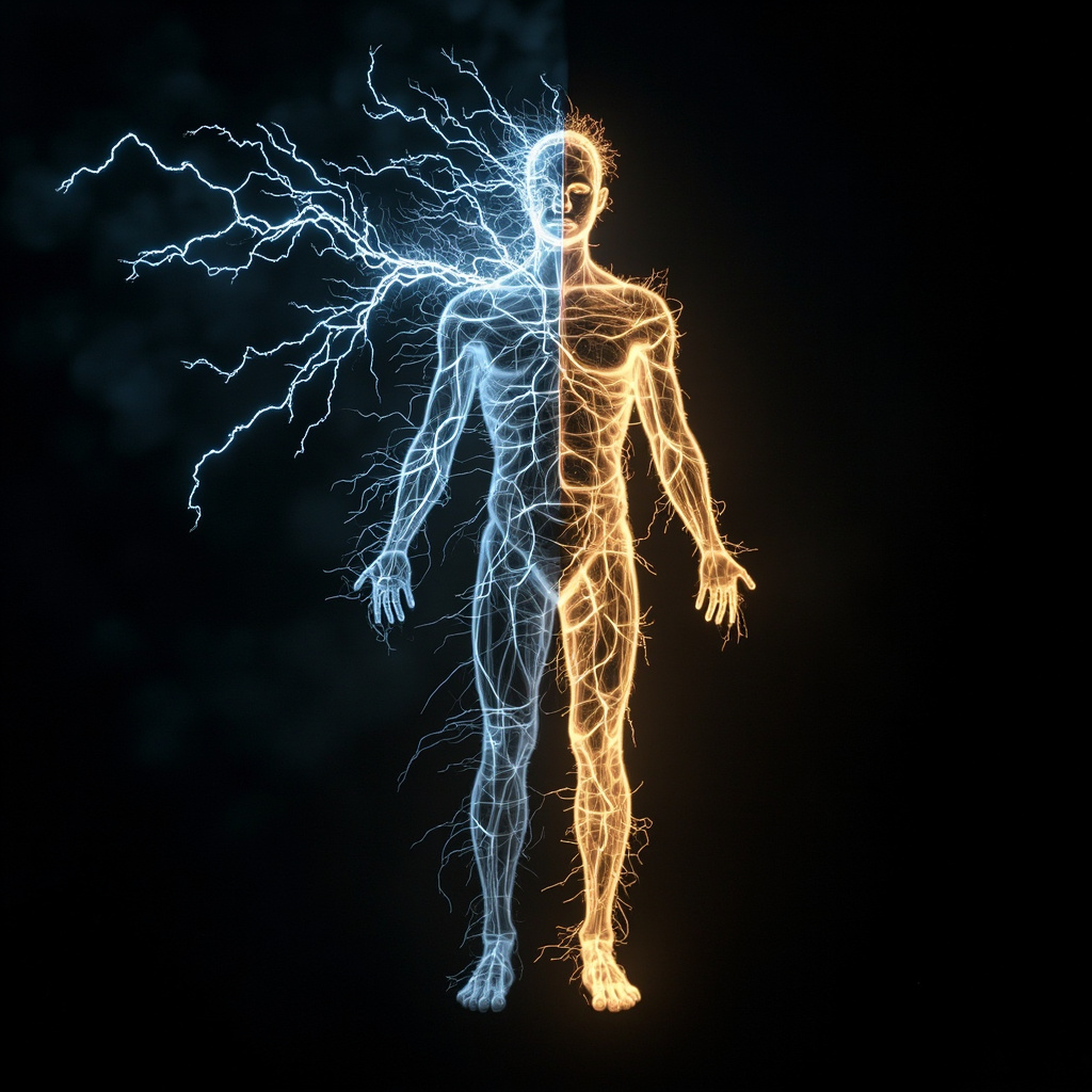 A serene, abstract visualization of glowing electrical pathways transitioning from jagged, chaotic lines to smooth, flowing waves of light in a human silhouette.