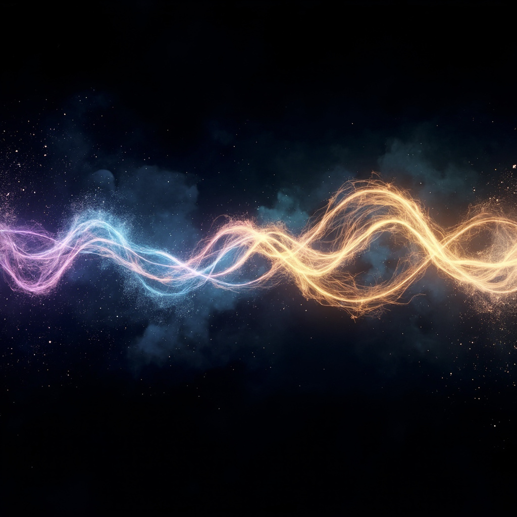 A serene, abstract visualization of flowing light waves transitioning from chaotic patterns to a smooth, harmonious sine wave, representing internal balance and vitality.