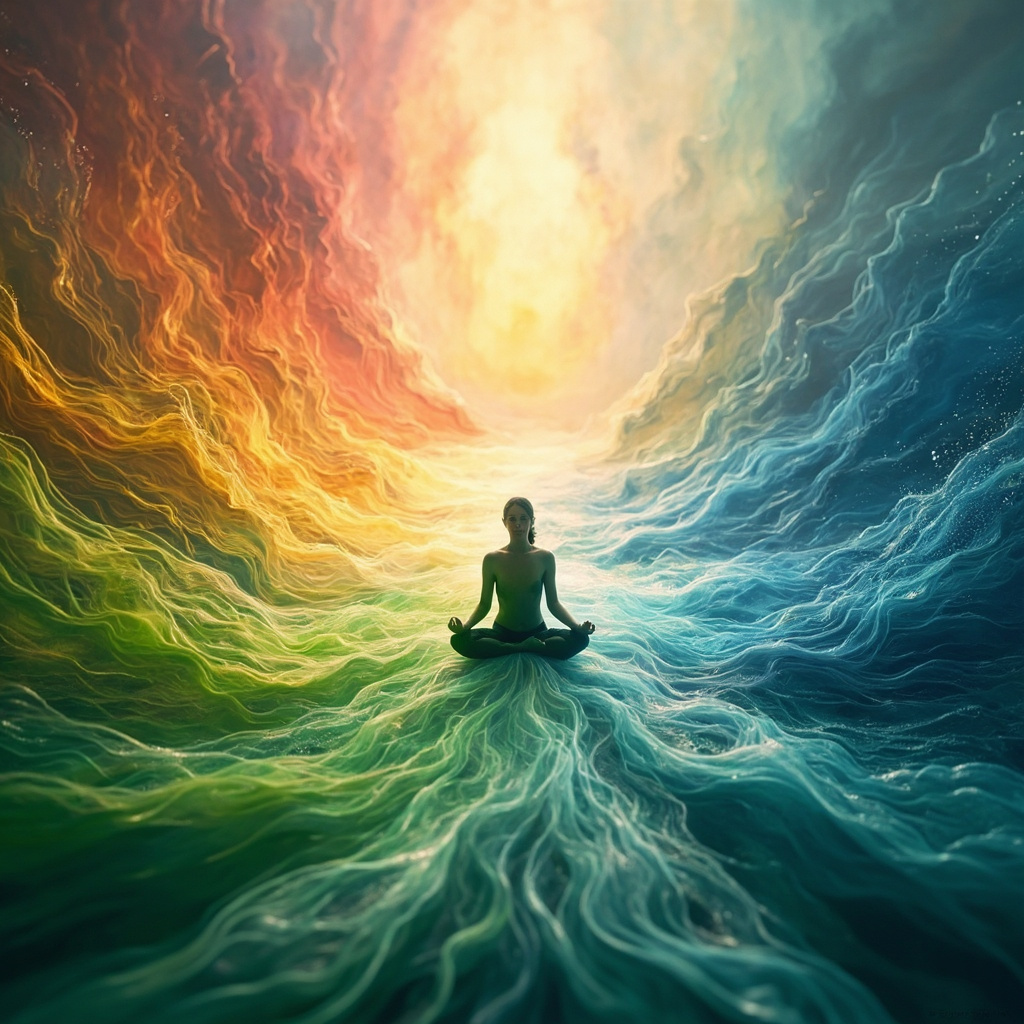 A serene, abstract visualization of flowing energy waves transitioning between colors that represent the four seasons, centered on a human silhouette in a meditative pose.