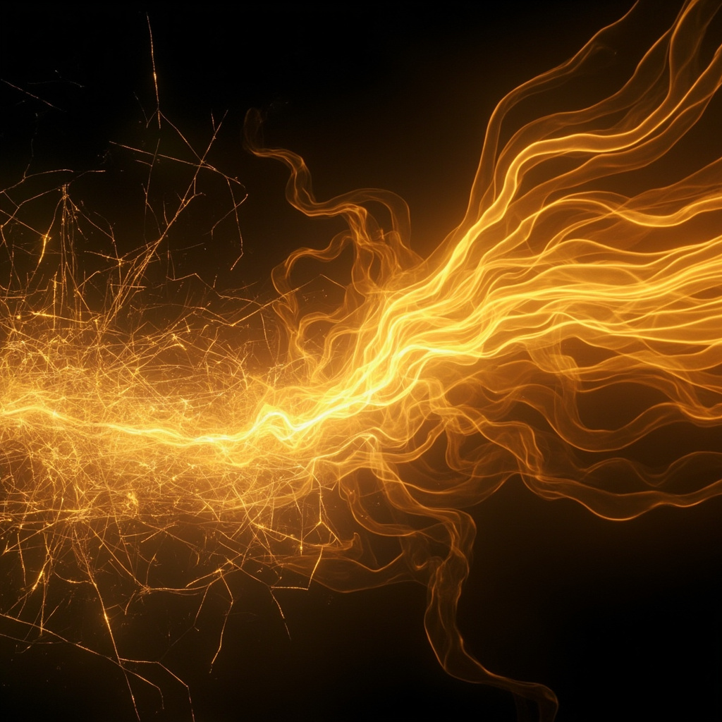 A serene, abstract visualization of glowing, rhythmic light waves transitioning from chaotic, jagged patterns into smooth, harmonious golden flows, symbolizing mental clarity and balance.