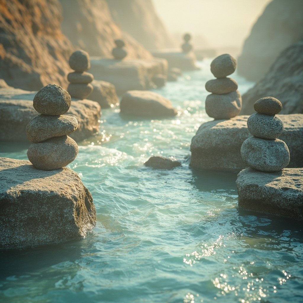 A soft, artistic depiction of a calm, balanced landscape featuring flowing water and stable, grounded structures to represent the fluid balance and boundary-setting nature of aldosterone.