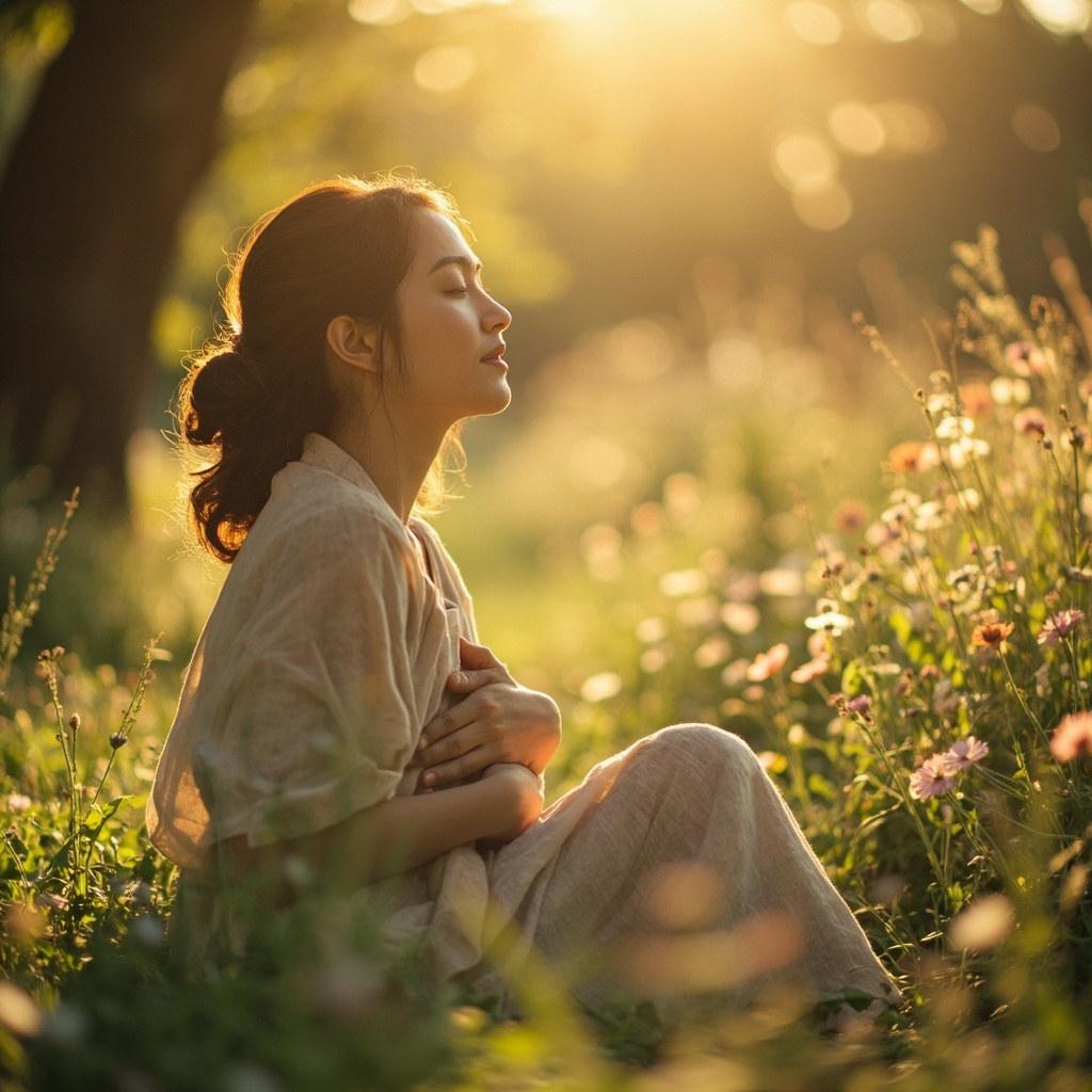 A high-quality, calming image of a person sitting in a peaceful, sunlit garden, holding their abdomen gently with a look of relief and serenity, soft focus background.