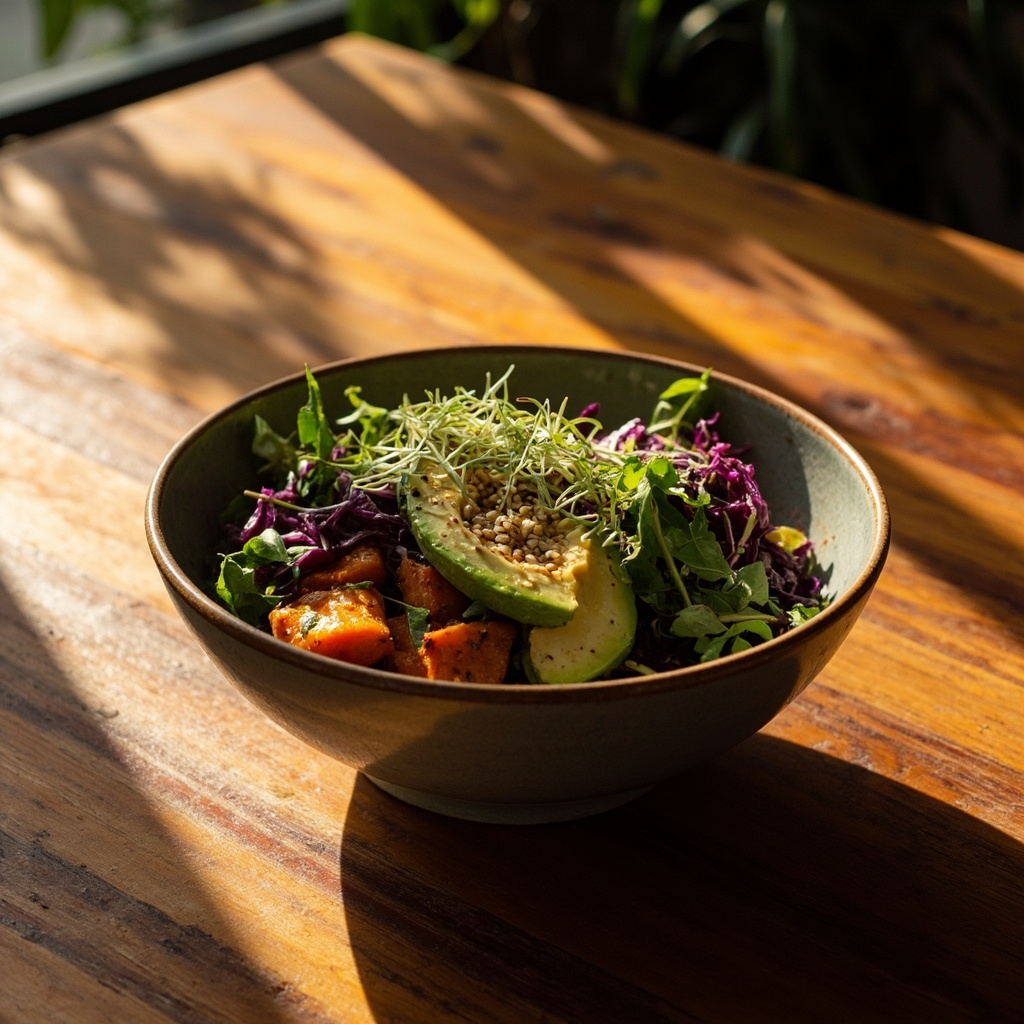 A high-quality, calm, and aesthetic photo of a beautifully prepared, colorful, and healthy plant-based meal on a wooden table, with soft natural sunlight streaming in, creating a peaceful and nourishing atmosphere.