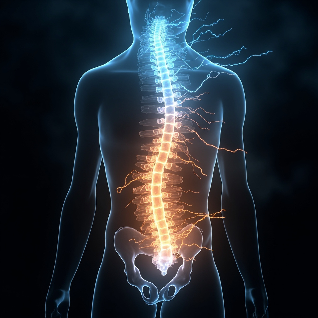 A high-quality, abstract digital illustration showing a glowing, healthy human spine with radiant light pathways branching out to internal organs, symbolizing clear communication and energy flow.