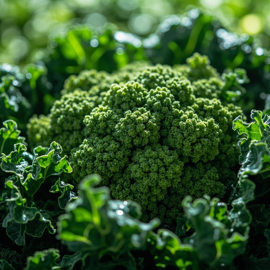 A high-quality, serene close-up photograph of vibrant green cruciferous vegetables like broccoli and kale, symbolizing natural health and cellular vitality.