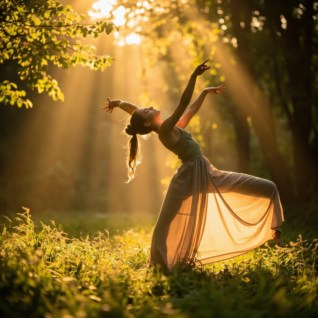 A high-quality, serene image of a person practicing light, graceful movement in a sunlit, natural environment, emphasizing flexibility and ease.