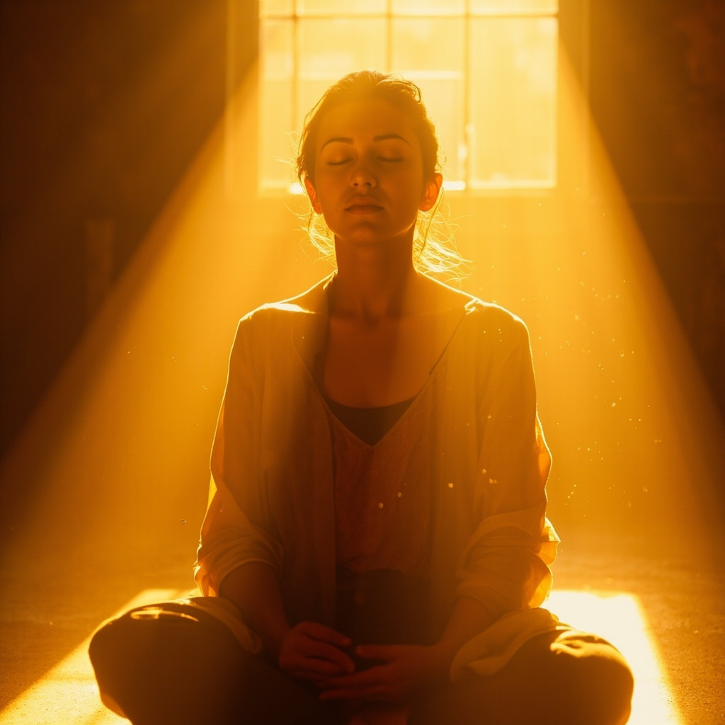 A peaceful, warm-toned image of a person sitting in a quiet, sunlit space with a calm expression, focusing on a sense of inner harmony and mindful connection to their body.