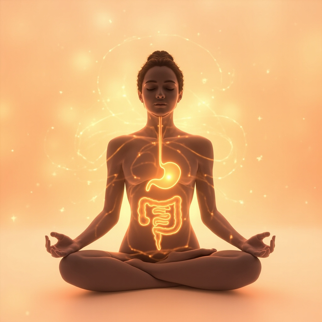 A serene, minimalist illustration of a person sitting in a comfortable, relaxed position, with soft glowing lines tracing the gentle, flowing rhythm of the digestive area, set against a calming, warm-toned background.