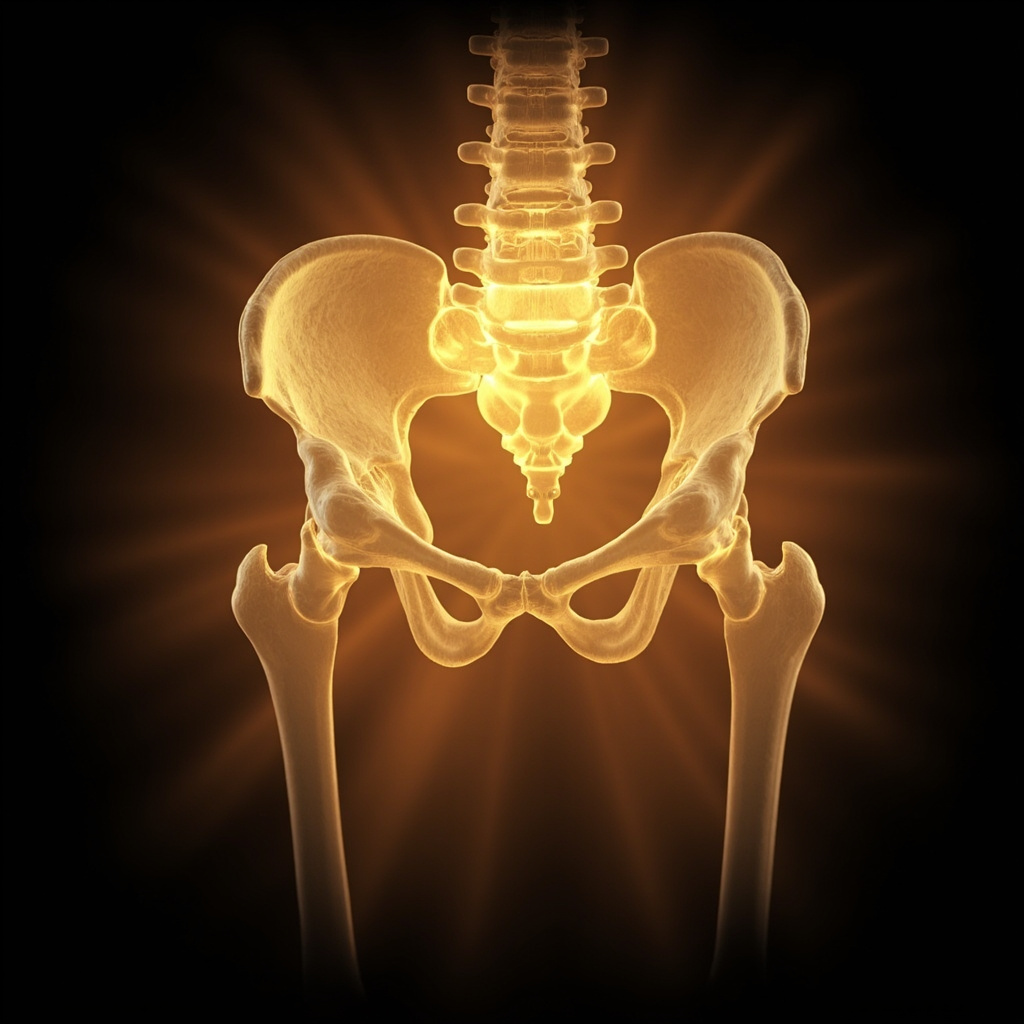 A high-quality digital illustration showing a glowing, healthy human pelvic structure with the sacroiliac joints highlighted in soft, golden light to represent stability and energy flow.
