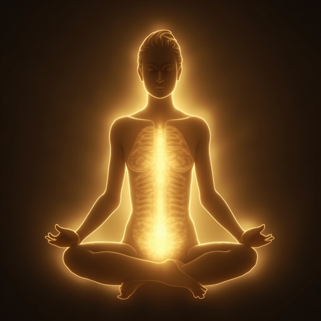 A high-quality, serene illustration showing a glowing, balanced silhouette of a human body with the adrenal area highlighted in soft, golden light to represent energy and harmony.