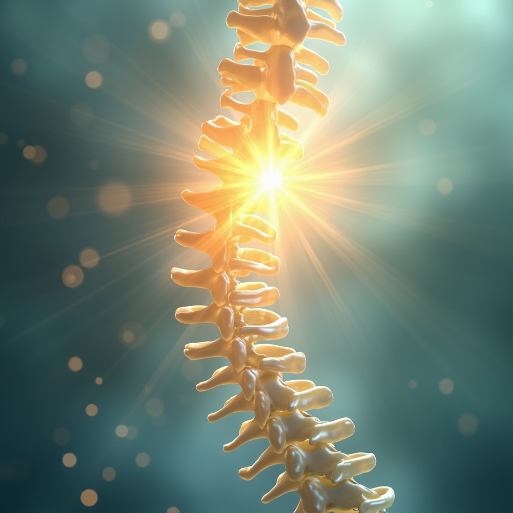 A calming, artistic illustration of a human spine with a glowing, light-filled point highlighted at the T6 level in the mid-back, set against a soft, ethereal background symbolizing emotional safety and balance.