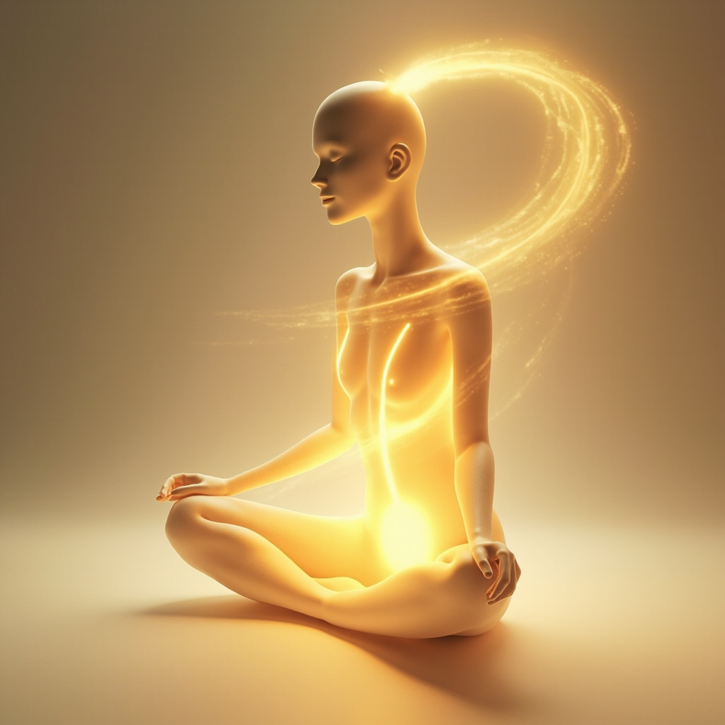 A serene, artistic illustration showing a soft, glowing energy pathway tracing the human body from the face down to the feet, highlighting the abdominal area with a warm, golden light.
