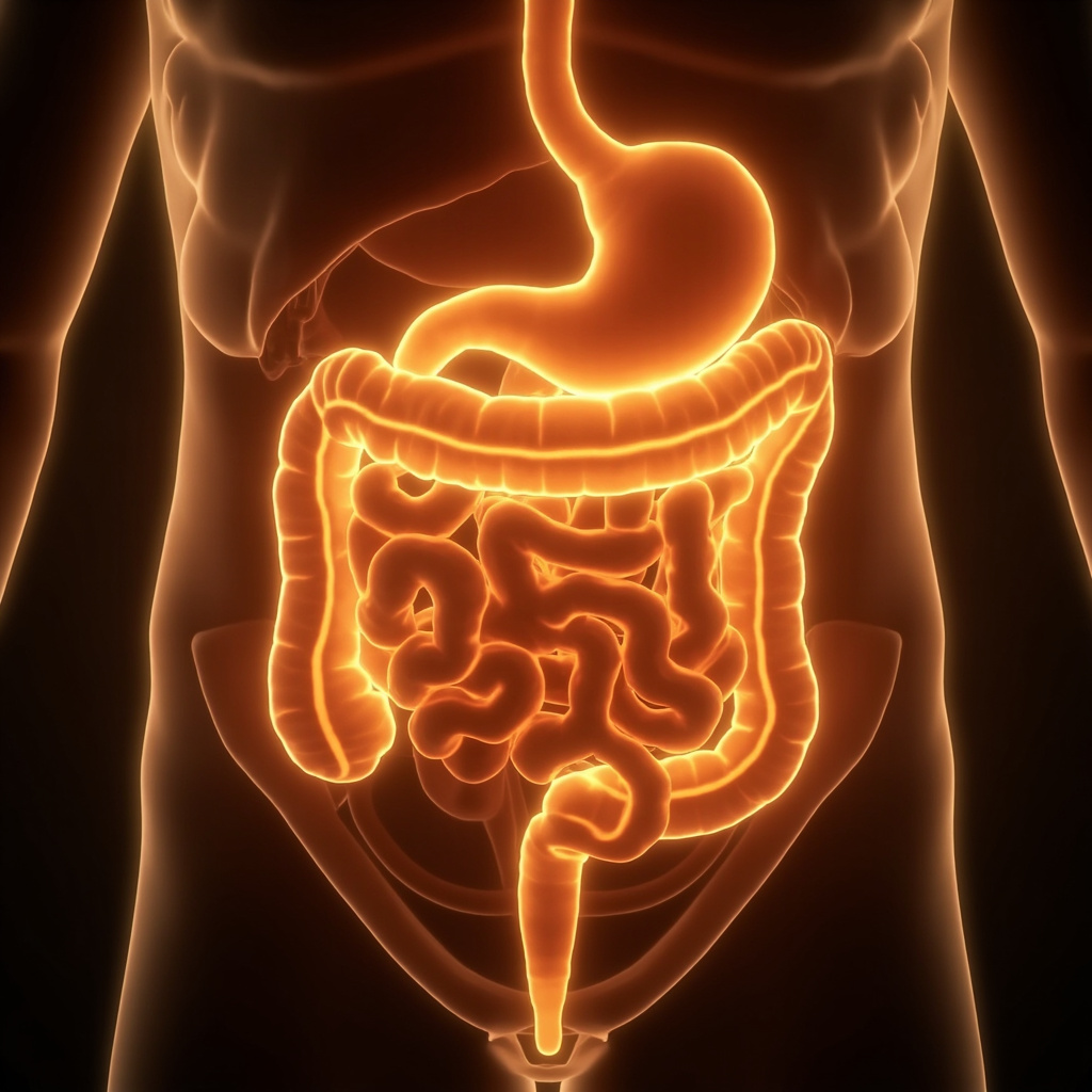 A high-quality, soft-focus illustration of the human digestive system highlighting the small intestine with glowing, gentle golden light to represent energy and nutrient absorption.