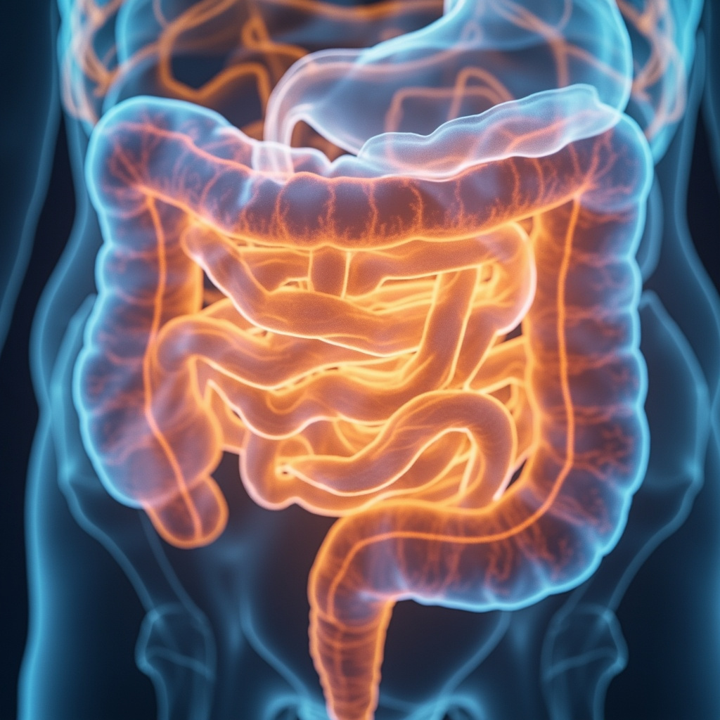 A high-quality, serene illustration of the human digestive system with a focus on the soft, flowing textures of the intestinal lining, rendered in warm, calming golden and soft blue light.