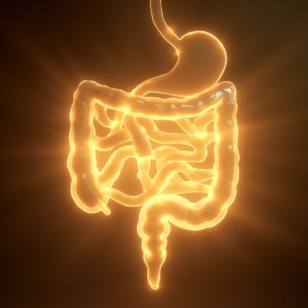 A serene, abstract digital illustration showing a glowing, healthy digestive pathway with soft, harmonious light frequencies radiating from the upper small intestine area, professional and calming aesthetic.
