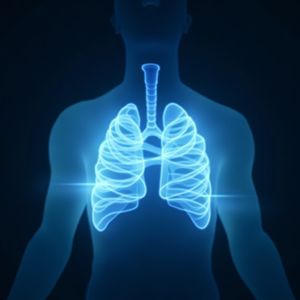 A calming, artistic illustration of deep, rhythmic breathing, represented by soft blue and white light waves flowing through the chest area, symbolizing respiratory ease and harmony.
