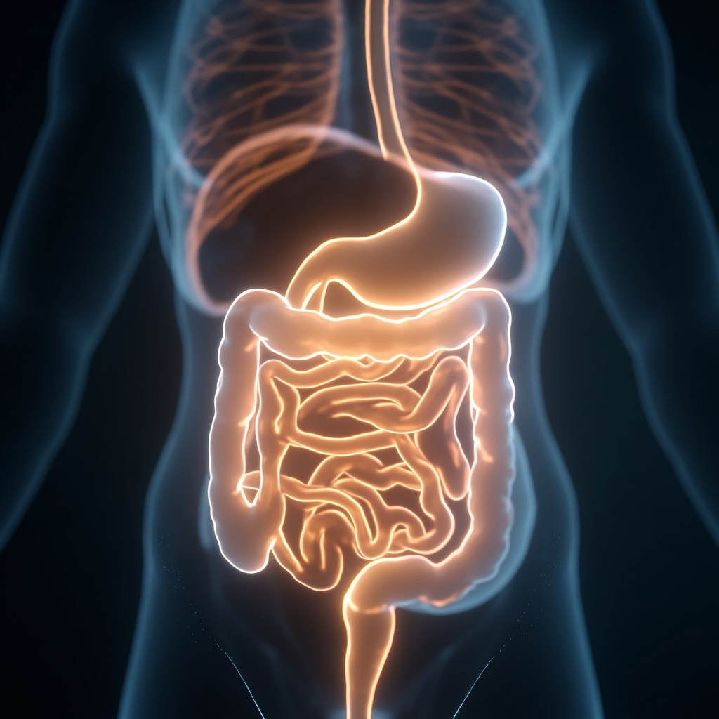 A calm, abstract illustration of the human digestive system with soft, luminous light pulses emanating from the upper small intestine area, representing electrical harmony and balance.