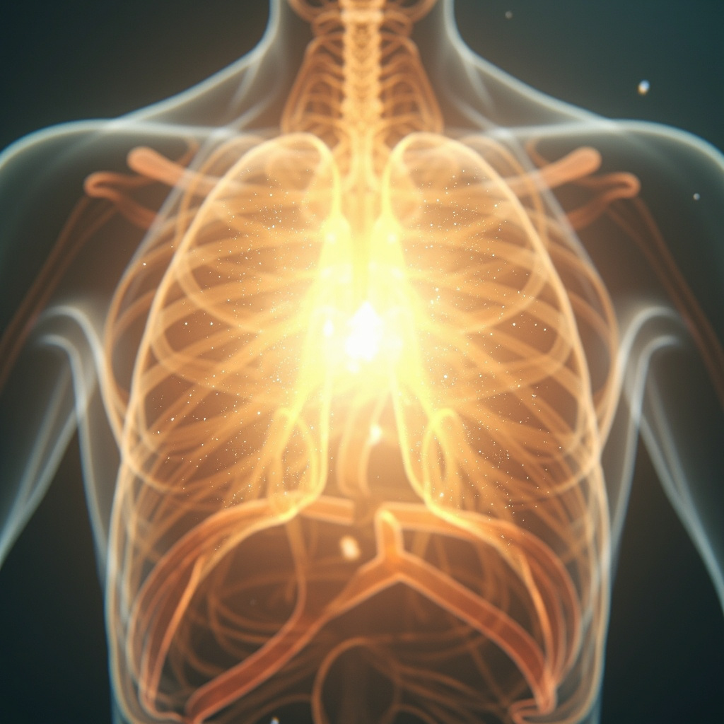 A serene, abstract digital illustration showing a glowing, light-filled space in the center of a human chest, representing the mediastinum as a calm, open corridor of energy.