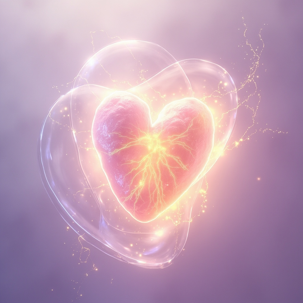 A soft, artistic illustration of an glowing, energetic heart-shaped structure surrounded by light, representing the pericardium and emotional protection, professional and calming style.