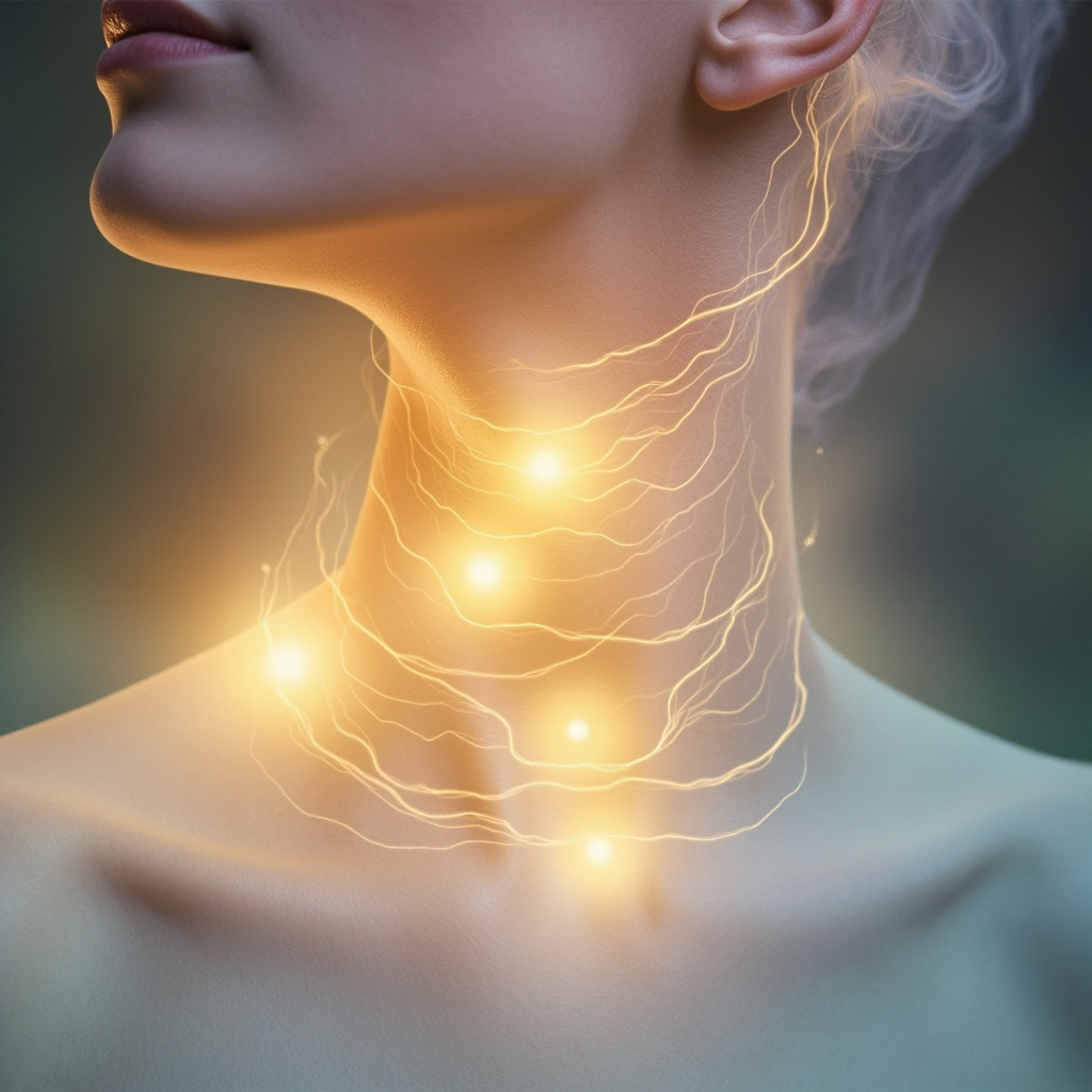 A soft, artistic illustration showing the neck area with four glowing, harmonized points of light representing the parathyroid glands, surrounded by gentle waves of energy representing frequency and balance.