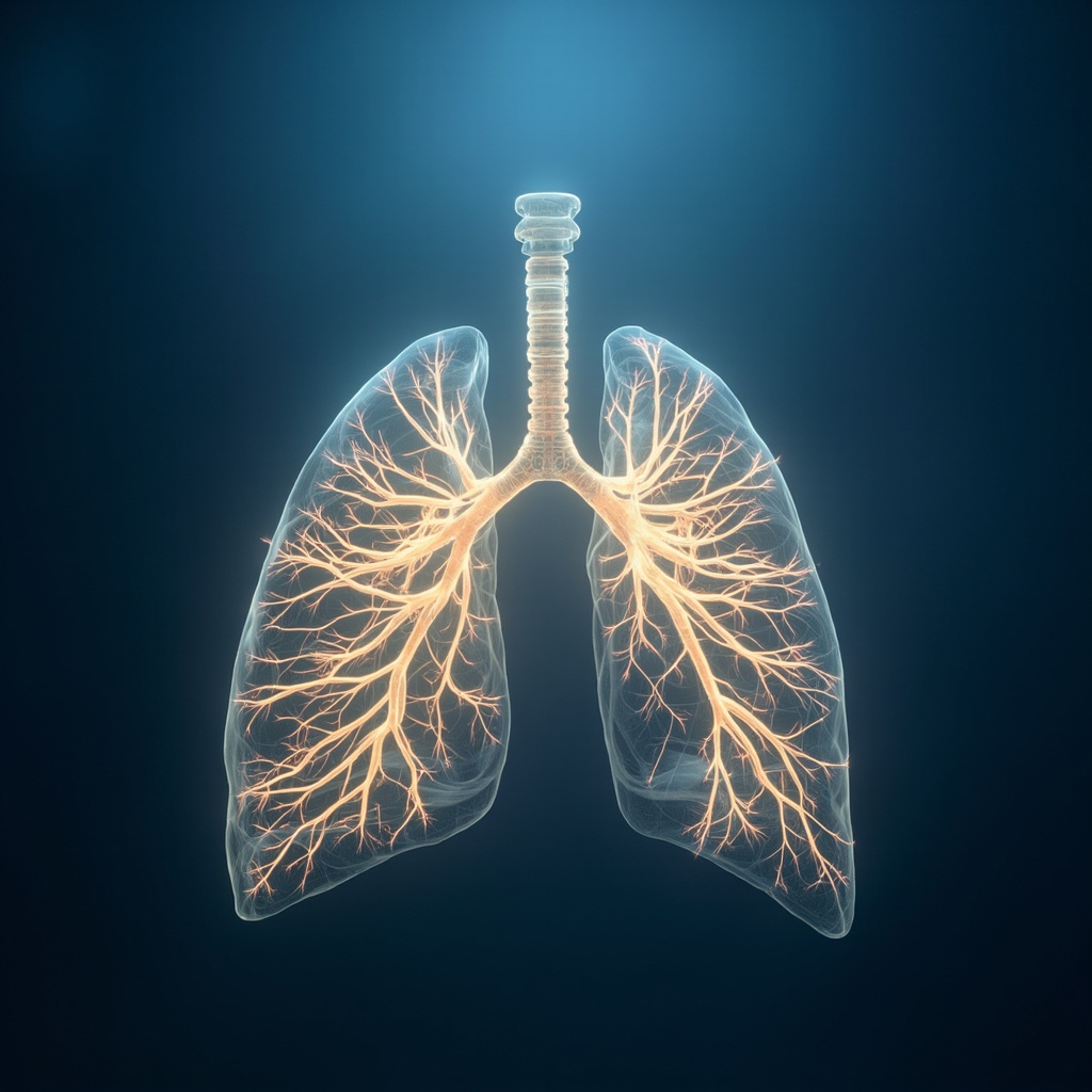 A serene, abstract illustration of soft, glowing light patterns resembling the branching structure of lungs, set against a calm, deep blue background representing inner peace and vitality.