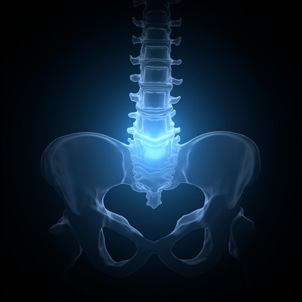 A high-quality 3D medical illustration of the human pelvis and spine, showing the sacroiliac joint glowing with a soft, calming blue light, representing energy flow and structural balance.