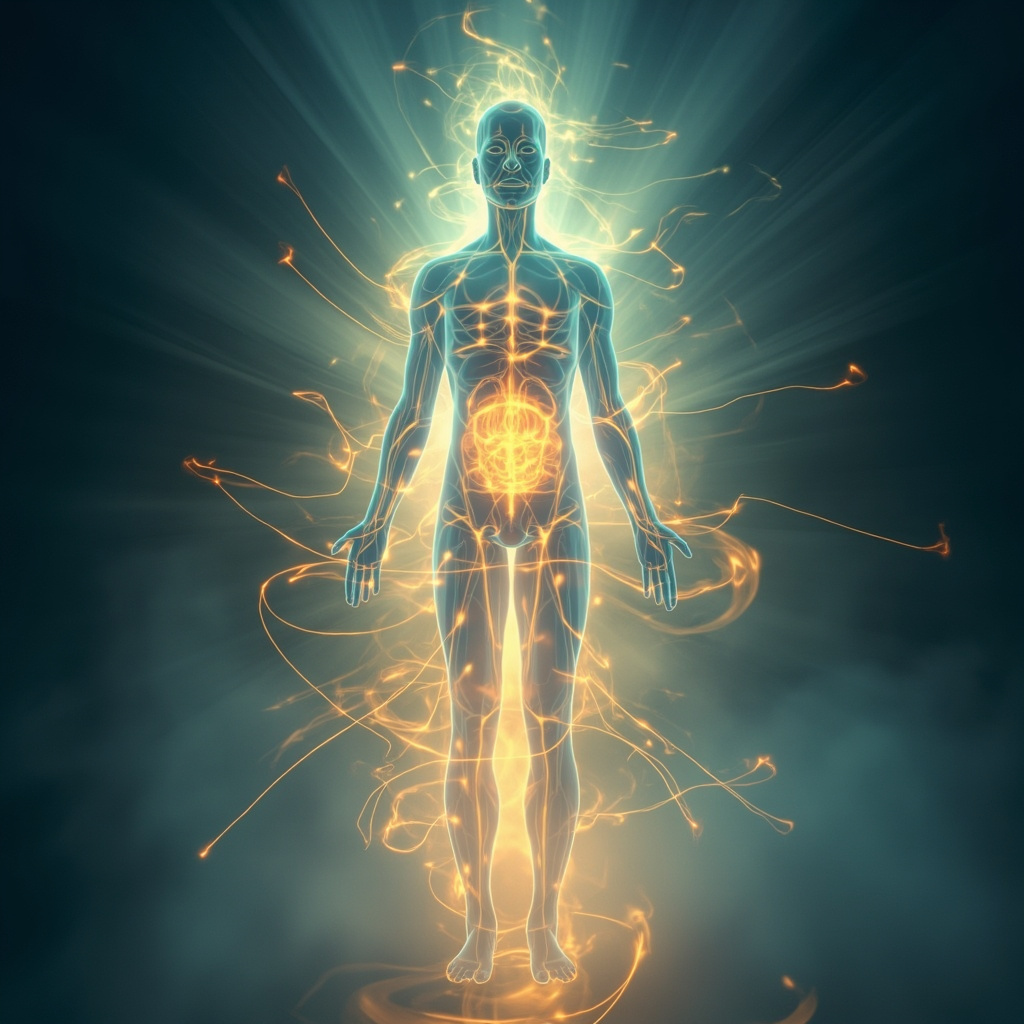 A serene, abstract digital illustration showing a calm, glowing human silhouette with a focus on the gut area, surrounded by soft, flowing geometric light patterns representing balance and inner awareness.