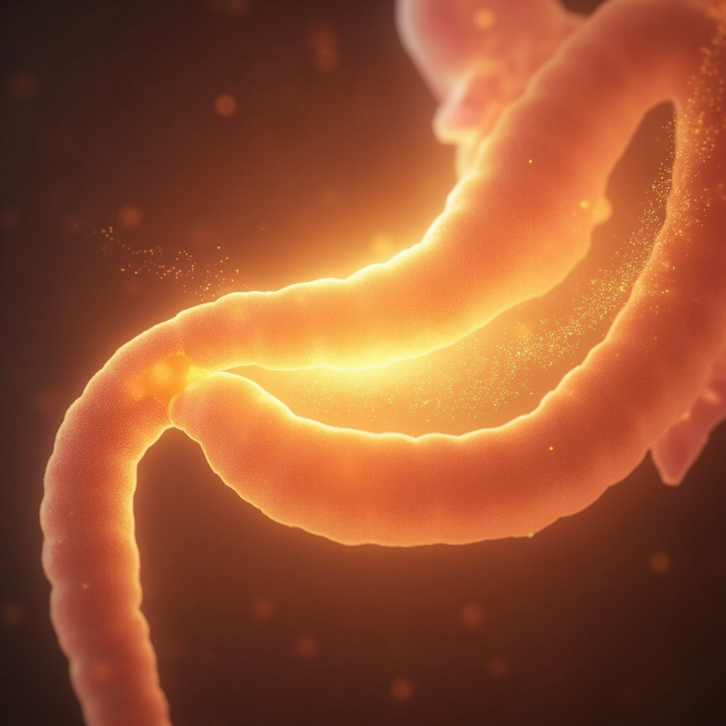 A soft, artistic illustration showing the transition between the stomach and the small intestine, glowing with gentle, golden light, representing energy flow and inner balance.