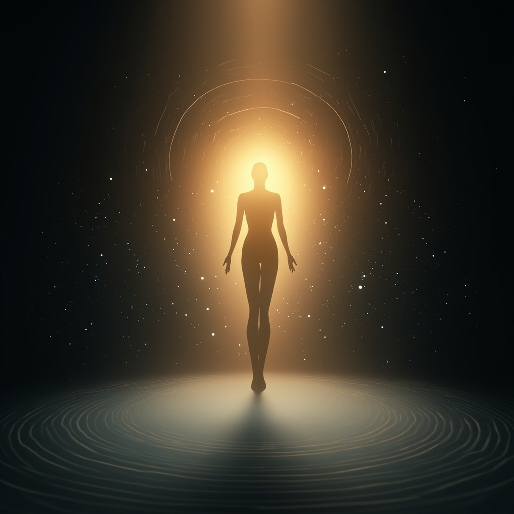 A high-quality, serene illustration of a human silhouette with a glowing, balanced light emanating from the gut area, surrounded by soft, flowing geometric frequency patterns.