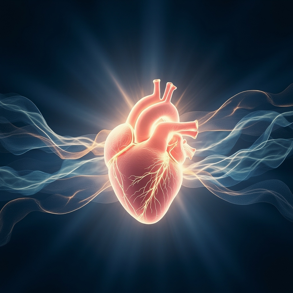 A soft, artistic illustration of a human heart glowing with gentle, rhythmic light, surrounded by flowing, wave-like patterns that represent energy and harmony, set against a calming, deep blue background.