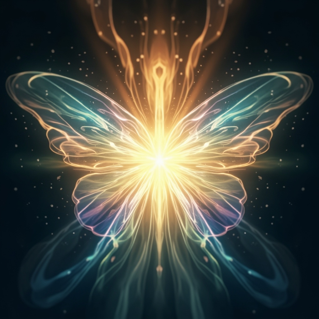 A serene, artistic illustration of a glowing butterfly-shaped light centered in the throat area, surrounded by soft, harmonious energy waves and gentle ripples of light.