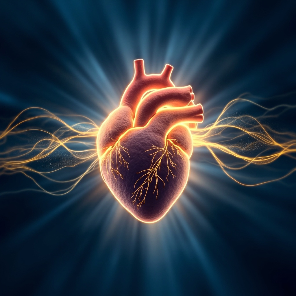 A soft, artistic illustration showing a glowing, healthy human heart connected to subtle, rhythmic light waves, symbolizing the flow of energy and blood, with a calming blue and gold color palette.