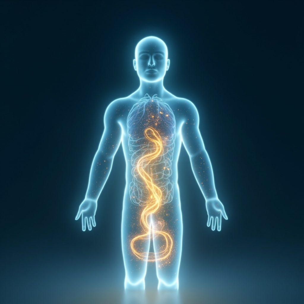 A serene, abstract digital illustration showing a glowing, balanced human silhouette with soft blue and gold light patterns flowing through the digestive area, symbolizing harmony and frequency.
