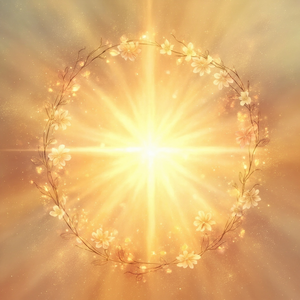 A soft, artistic illustration of a glowing, radiant energy center in the chest area, surrounded by calming, warm light and subtle floral motifs, symbolizing protection, nurturing, and inner balance.
