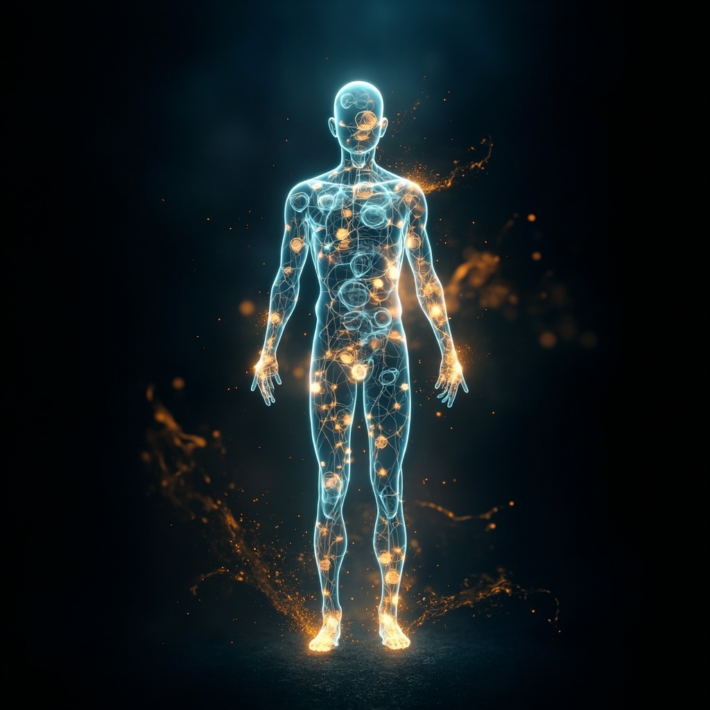 A high-quality, abstract digital illustration showing glowing, interconnected cellular structures within a human silhouette, representing energy flow and biological harmony in soft blue and warm gold tones.