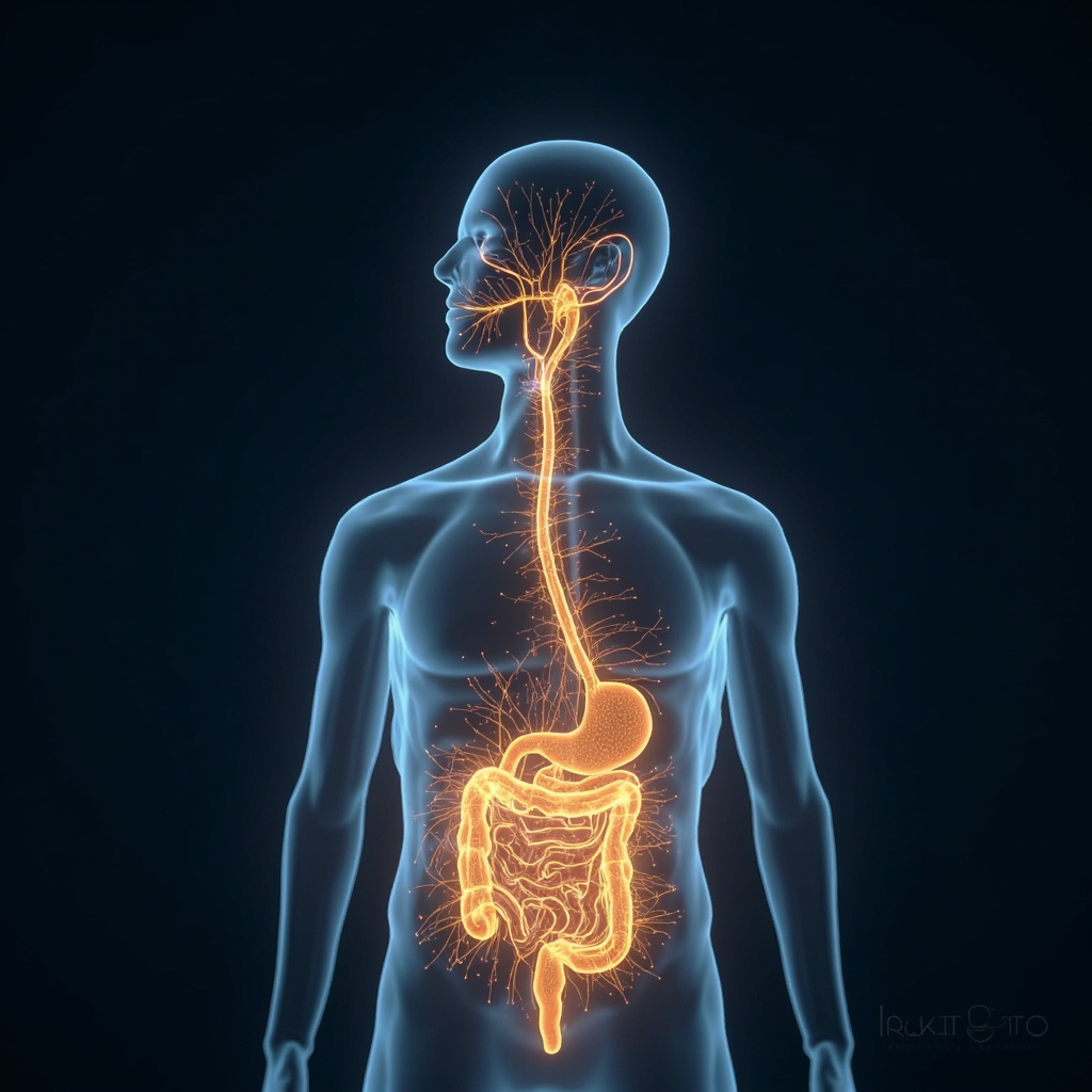 A calm, professional illustration showing a glowing, interconnected network of light within a human silhouette, representing the harmony between gut and nerves.