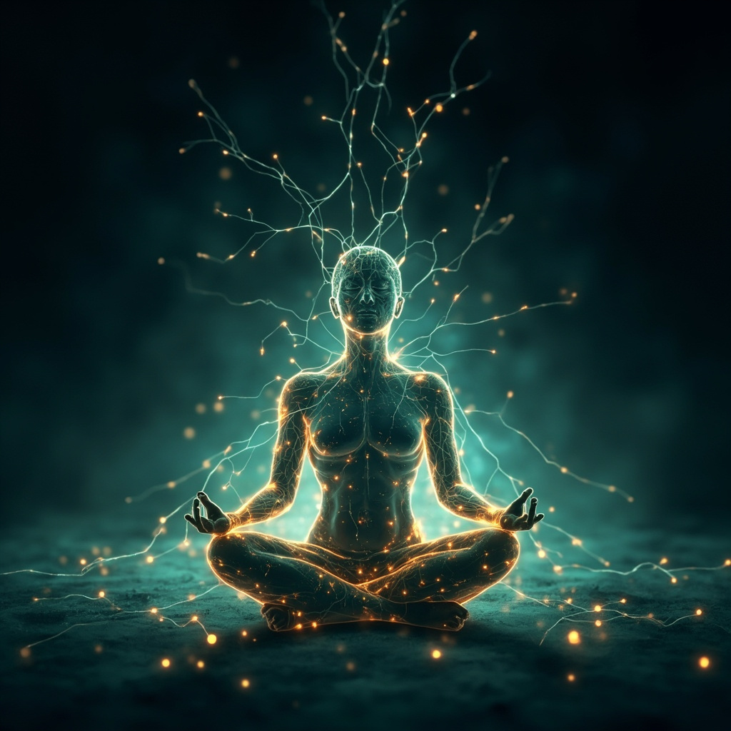 A high-quality, calming image of a glowing, interconnected neural network gently fading into a silhouette of a person in a peaceful meditation posture, representing the harmony between the nervous system and the body.
