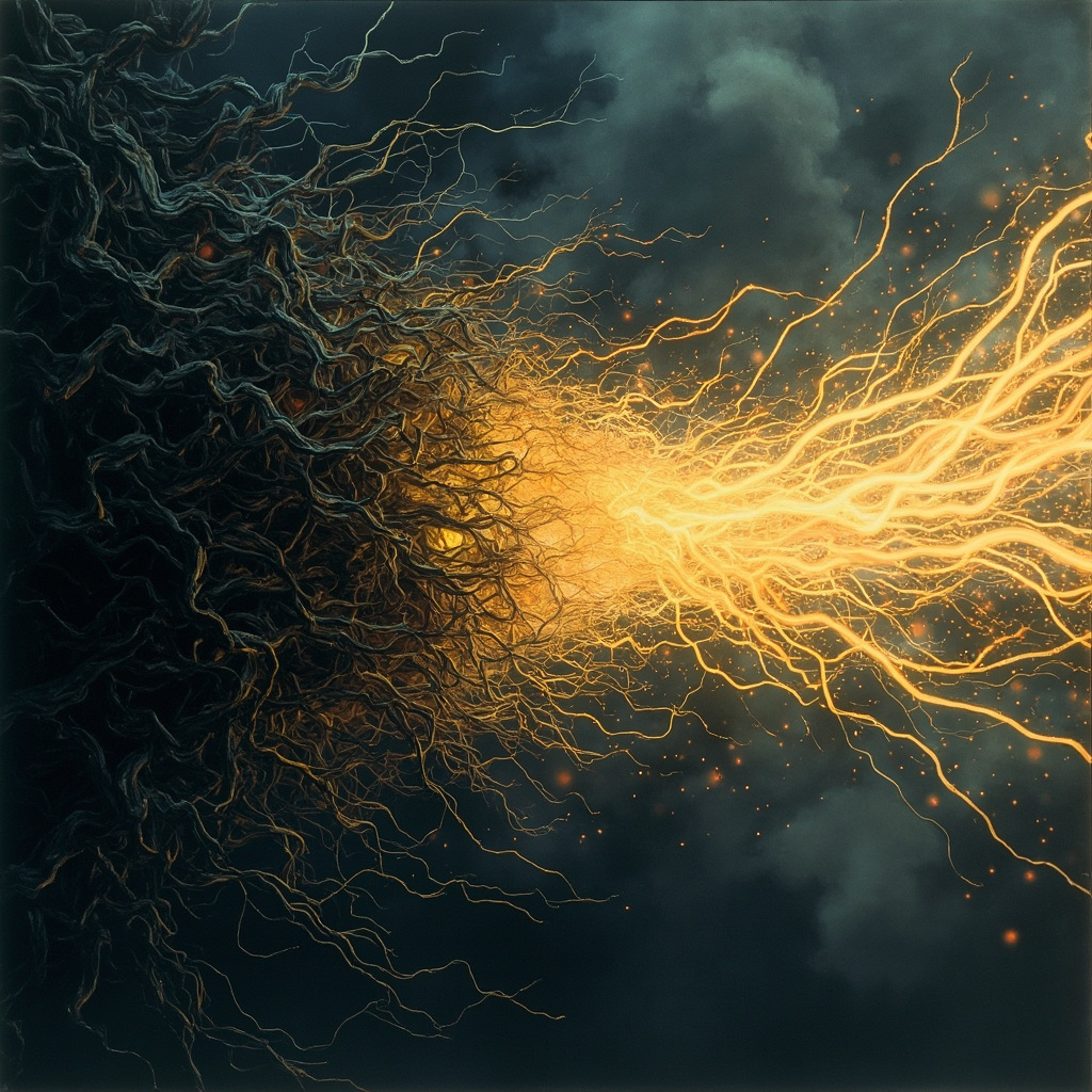 A soft, artistic illustration showing a glowing, interconnected network of nerves transitioning from a tangled, dark state into a bright, flowing, golden light representing movement and freedom.