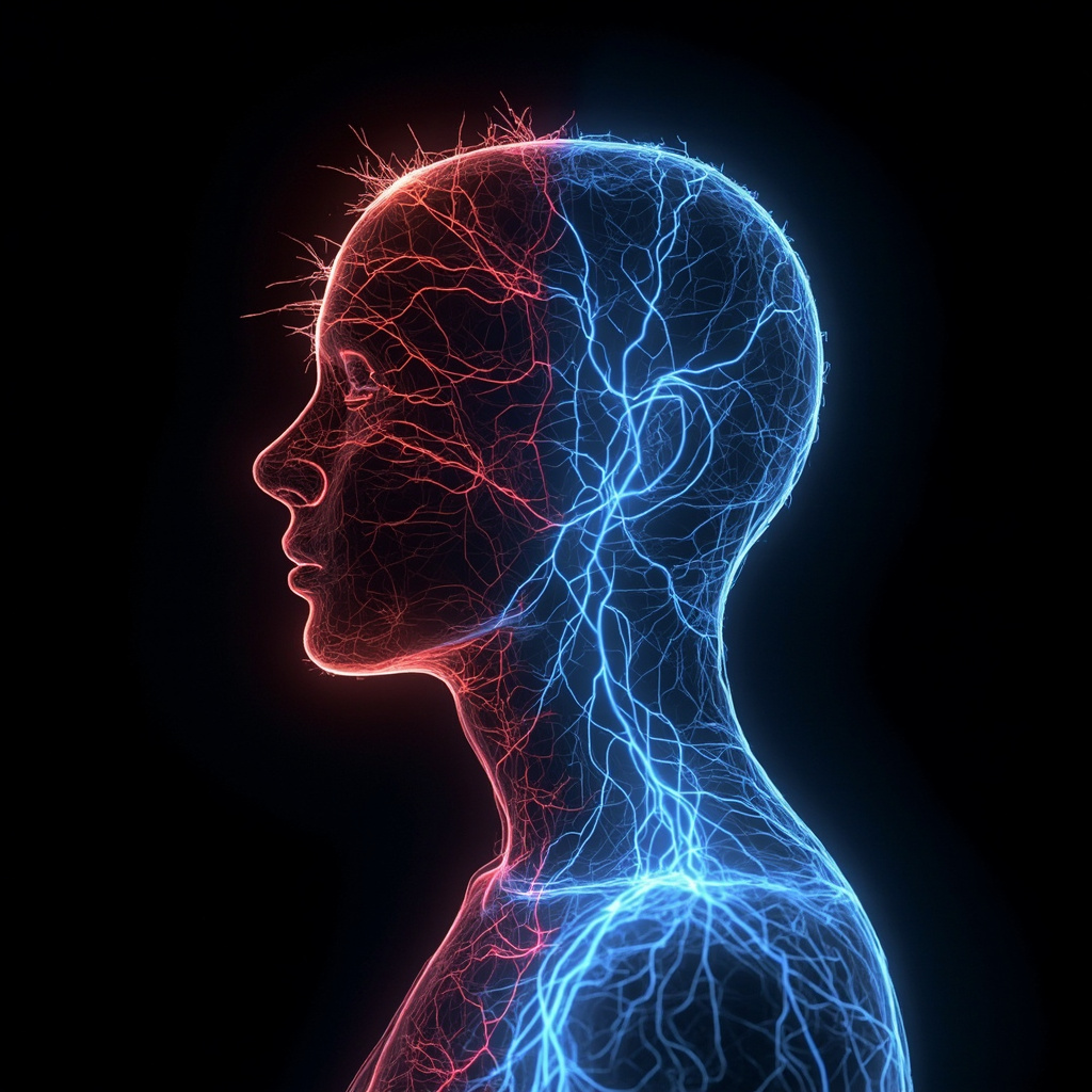 A high-quality, calming image of a glowing, interconnected neural network in human silhouette, transitioning from sharp, jagged red lines to soft, flowing blue waves.